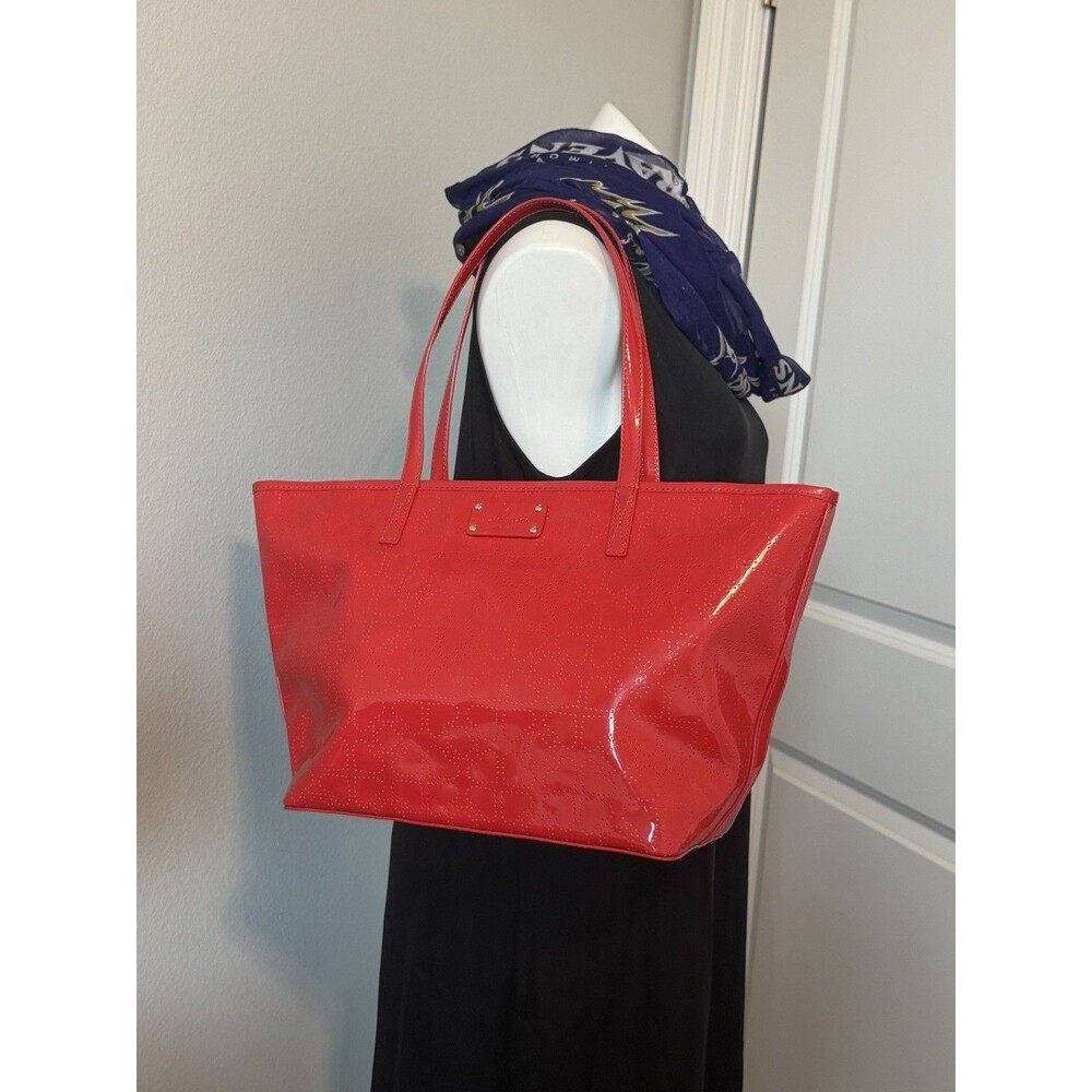 Kate Spade New York Red Patent PVC Tote Bag Perforated Spade Zip Top